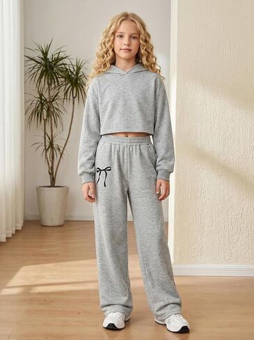 Girls Bowknot Baggy Sweatpants Teen Trendy Wide Leg Sweat Pants Elastic Waist Loose Jogger Casual Kids for 8-12Y in Kuwait