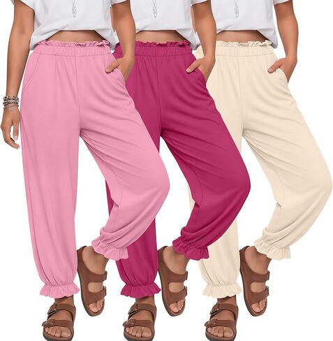 3 Pack Girls Jogger Pants 5-14 Years Ruffle Flowy Tapered Casual Pants High Waist Trousers with Pockets in Saudi Arabia