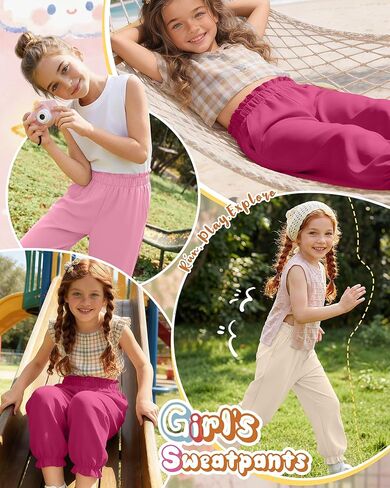 3 Pack Girls Jogger Pants 5-14 Years Ruffle Flowy Tapered Casual Pants High Waist Trousers with Pockets in Saudi Arabia