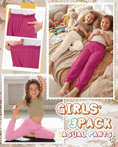 3 Pack Girls Jogger Pants 5-14 Years Ruffle Flowy Tapered Casual Pants High Waist Trousers with Pockets in Saudi Arabia