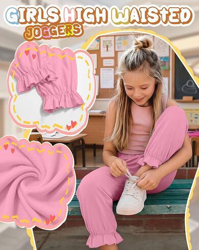 3 Pack Girls Jogger Pants 5-14 Years Ruffle Flowy Tapered Casual Pants High Waist Trousers with Pockets in Saudi Arabia