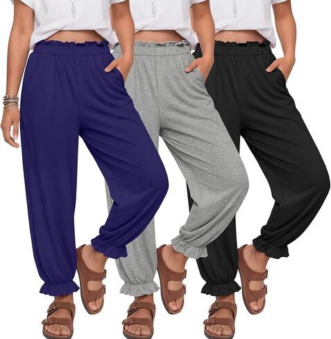 3 Pack Girls Jogger Pants 5-14 Years Ruffle Flowy Tapered Casual Pants High Waist Trousers with Pockets in Saudi Arabia