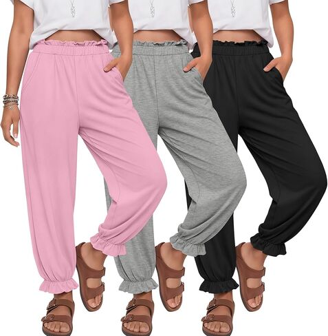 3 Pack Girls Jogger Pants 5-14 Years Ruffle Flowy Tapered Casual Pants High Waist Trousers with Pockets in Saudi Arabia