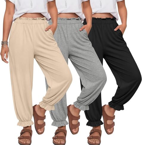 3 Pack Girls Jogger Pants 5-14 Years Ruffle Flowy Tapered Casual Pants High Waist Trousers with Pockets in Saudi Arabia