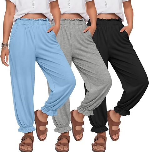 3 Pack Girls Jogger Pants 5-14 Years Ruffle Flowy Tapered Casual Pants High Waist Trousers with Pockets in Saudi Arabia