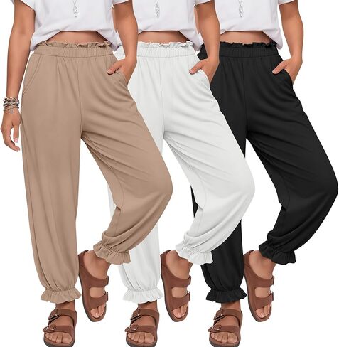 3 Pack Girls Jogger Pants 5-14 Years Ruffle Flowy Tapered Casual Pants High Waist Trousers with Pockets in Saudi Arabia