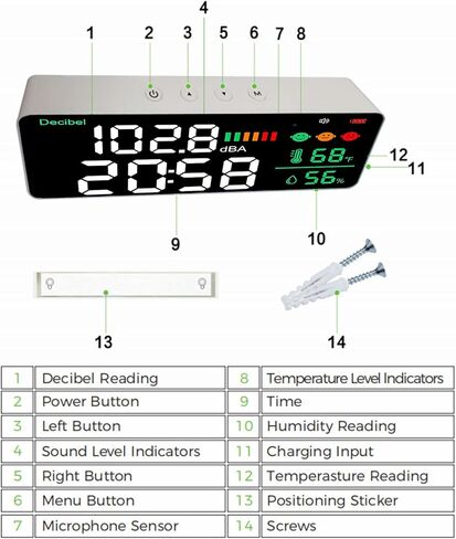 Diydeg ديسيبل متر قارئ مستوى الصوت، 4 في 1 11 بوصة شاشة LED كبيرة مثبتة على الحائط قارئ ديسيبل الضوضاء، مقياس الرطوبة لدرجة الحرارة الضوضاء للمنزل استوديو مصنع الفصول الدراسية in Saudi Arabia