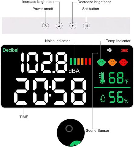 Diydeg ديسيبل متر قارئ مستوى الصوت، 4 في 1 11 بوصة شاشة LED كبيرة مثبتة على الحائط قارئ ديسيبل الضوضاء، مقياس الرطوبة لدرجة الحرارة الضوضاء للمنزل استوديو مصنع الفصول الدراسية in Saudi Arabia