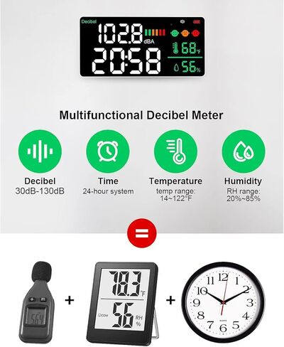 Diydeg ديسيبل متر قارئ مستوى الصوت، 4 في 1 11 بوصة شاشة LED كبيرة مثبتة على الحائط قارئ ديسيبل الضوضاء، مقياس الرطوبة لدرجة الحرارة الضوضاء للمنزل استوديو مصنع الفصول الدراسية in Saudi Arabia