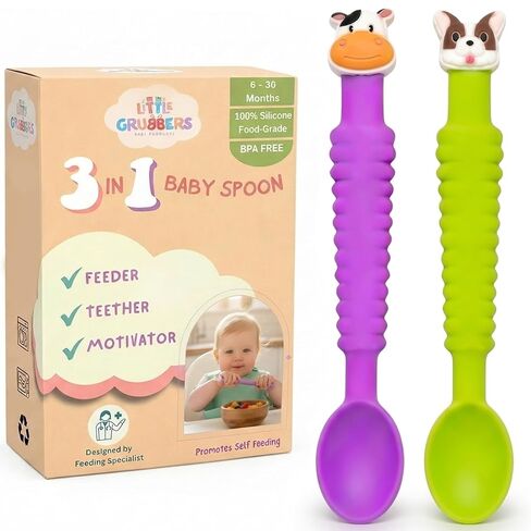 3-in-1 Baby Spoon ™-أواني التغذية الذاتي للسيليكون الناعمة للفطام LED LED ، والقبضة السهلة ، وخالية من BPA ، وآمنة غسالة الصحون ، و 2 عبوة-البقرة والبط in Kuwait