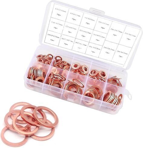 200PCS Copper Washers Assortment Kit, M5 M6 M8 M10 M12 M14 Metric Washers, Portable Access Flat O-Rings for Oil Plugs, Drain Plugs, Banjo Bolts (Gold) in Saudi Arabia
