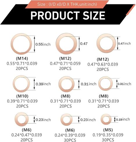 200PCS Copper Washers Assortment Kit, M5 M6 M8 M10 M12 M14 Metric Washers, Portable Access Flat O-Rings for Oil Plugs, Drain Plugs, Banjo Bolts (Gold) in Saudi Arabia
