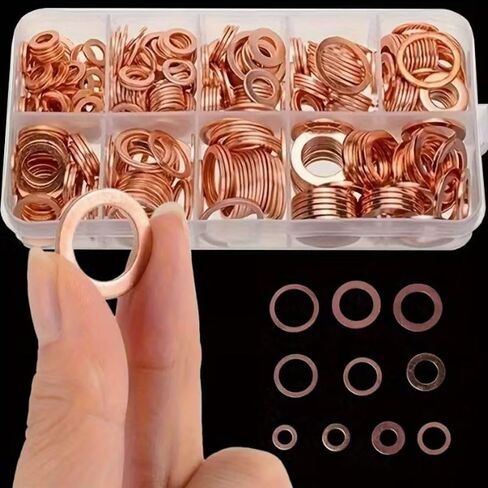 100PCS Copper Washer Sealing Gasket nut and Bolt Set Flat Ring Sealing Series kit with box/M5/M6//M8/M10/M12/M14 for Fuel Tank Plug, Copper in Saudi Arabia