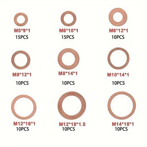 100PCS Copper Washer Sealing Gasket nut and Bolt Set Flat Ring Sealing Series kit with box/M5/M6//M8/M10/M12/M14 for Fuel Tank Plug, Copper in Saudi Arabia