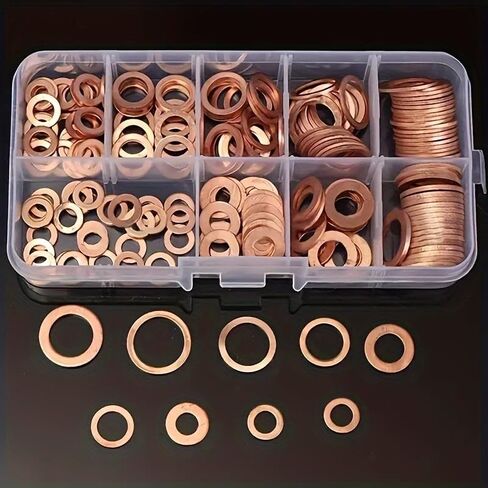 100PCS Copper Washer Sealing Gasket nut and Bolt Set Flat Ring Sealing Series kit with box/M5/M6//M8/M10/M12/M14 for Fuel Tank Plug, Copper in Saudi Arabia