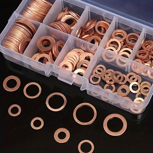 100PCS Copper Washer Sealing Gasket nut and Bolt Set Flat Ring Sealing Series kit with box/M5/M6//M8/M10/M12/M14 for Fuel Tank Plug, Copper in Saudi Arabia