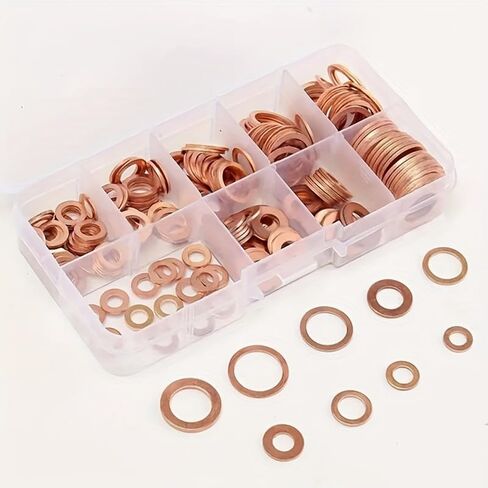 100PCS Copper Washer Sealing Gasket nut and Bolt Set Flat Ring Sealing Series kit with box/M5/M6//M8/M10/M12/M14 for Fuel Tank Plug, Copper in Saudi Arabia