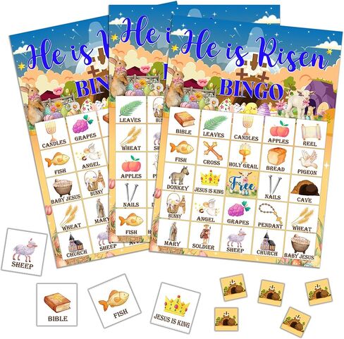 لعبة He is Risen Bingo، بطاقات بنغو لحفلات عيد الفصح من الكتاب المقدس للعائلة البالغة، لوازم زينة حفلات القيامة الربيعية، هدايا عيد ميلاد تحت عنوان الربيع لـ 24 لاعبًا، 18 in Kuwait