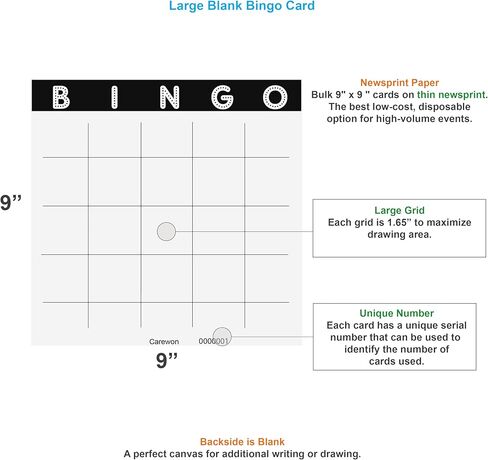 50 Blank Bingo Cards, 9" x 9", Large - Disposable Paper Bingo Sheets for Parties & Events in Saudi Arabia