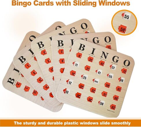 بطاقات Yuanhe Bingo مع نوافذ منزلقة - مجموعة بطاقات ألعاب Bingo للسفر قابلة لإعادة الاستخدام، 25 حزمة، حبيبات خشبية in Saudi Arabia