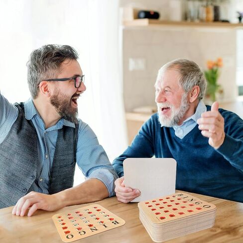 بطاقات Yuanhe Bingo مع نوافذ منزلقة - مجموعة بطاقات ألعاب Bingo للسفر قابلة لإعادة الاستخدام، 25 حزمة، حبيبات خشبية in Saudi Arabia