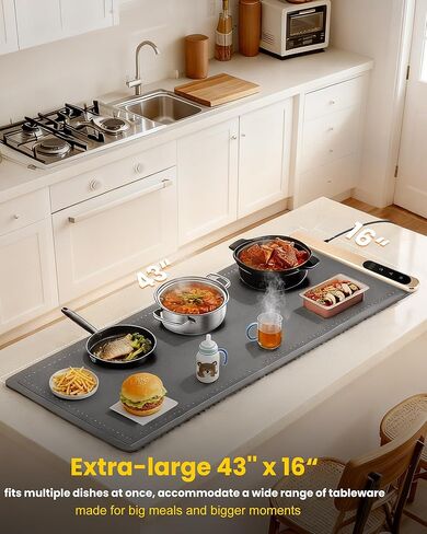 بساط تدفئة الطعام من الجرافين مقاس كبير جدًا 43 بوصة × 16 بوصة مع وسادة عازلة للسطح، صينية تدفئة كهربائية بقدرة 560 وات للبوفيه، جهاز تسخين الطعام للحفلات والتجمعات، 6 مستويات حرارة و6 مؤقت، رمادي ذهبي in Kuwait