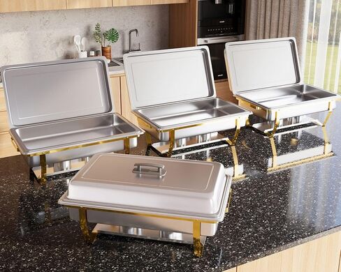 Alpha Living 4 Pack 8QT Chafing Dish Full Set – Stainless Steel Catering Chafer with Lids, Pans & Fuel Holders – Buffet Food Warmers for Parties, Events & Weddings – Gold Frame in Kuwait
