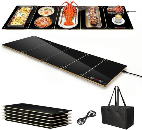 صينية تدفئة كهربائية XXXL مقاس 44 بوصة × 16 بوصة مع حقيبة تخزين، بساط تدفئة طعام بحجم قابل للتعديل، وحدات قابلة للتوسيع 5 في 1، سخان طعام للحفلات والبوفيه وتقديم الطعام والتجمع، درجة حرارة ومؤقت 8 مستويات، حافة ذهبية in Kuwait