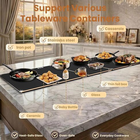 صينية تدفئة كهربائية XXXL مقاس 44 بوصة × 16 بوصة مع حقيبة تخزين، بساط تدفئة طعام بحجم قابل للتعديل، وحدات قابلة للتوسيع 5 في 1، سخان طعام للحفلات والبوفيه وتقديم الطعام والتجمع، درجة حرارة ومؤقت 8 مستويات، حافة ذهبية in Kuwait