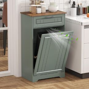 Single 10 Gallon Tilt Out Trash Can Cabinet with Deodorizing Function, Wooden Hidden Garbage Can Holder with Storage Drawers for Kitchen and Dining Room, Laundry Hamper Cabinet for Bathroom, Green in Kuwait