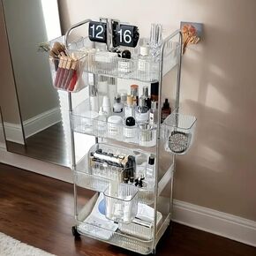 4 Tier Rolling Storage Cart with 5 Hanging Storage Boxes, Multifunctional Utility Cart, Acrylic Material & Modern Minimalist Transparent Design, 360° Rotating Silent Roller, Snack Cart in Saudi Arabia