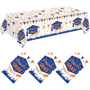 Kinlop 3 Pcs Graduation Tablecloths Class of 2024 Graduation Party Decorations Supplies Congrats Grad Table Clothes Covers Disposable Plastic Large Size 51 x 108 (Blue, Gold) in Kuwait