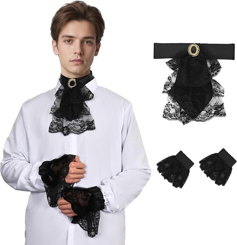 Victorian Lace Jabot and Cuffs Set Colonial Lace Ruff Collar Steampunk Costume Pirate Stage Party Costume Accessory in Saudi Arabia