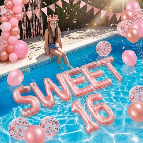 Sumind 14 PCS 20 "Sweet 16 Bollating Pool Letters Letters Flafable Lefliter 16 Decorts Tructions with Beach Beach Pink Crown for Sweet 16 Pool Party Decorations in Kuwait