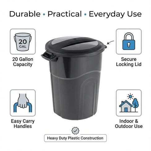 20 Gallon Heavy Duty Trash Can with Secure Click-Lock Lid – Durable All-Weather Plastic Garbage Bin for Outdoor Patio, Garage, Kitchen & Commercial Use – Black Utility Container in Saudi Arabia