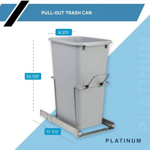 Knape & Vogt SCB9-1-20PT 8.375 inch x 20.125 inch x 17.313 inch 20 Qt. in-Cabinet Single Soft-Close Bottom-Mount Pull-Out Trash Can, Platinum in Kuwait