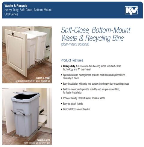 Knape & Vogt SCB9-1-20PT 8.375 inch x 20.125 inch x 17.313 inch 20 Qt. in-Cabinet Single Soft-Close Bottom-Mount Pull-Out Trash Can, Platinum in Kuwait