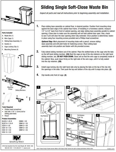 Knape & Vogt SCB9-1-20PT 8.375 inch x 20.125 inch x 17.313 inch 20 Qt. in-Cabinet Single Soft-Close Bottom-Mount Pull-Out Trash Can, Platinum in Kuwait