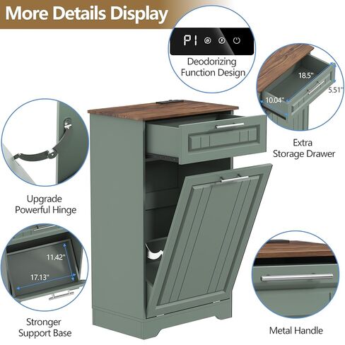 Single 10 Gallon Tilt Out Trash Can Cabinet with Deodorizing Function, Wooden Hidden Garbage Can Holder with Storage Drawers for Kitchen and Dining Room, Laundry Hamper Cabinet for Bathroom, Green in Kuwait