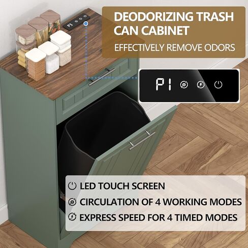 Single 10 Gallon Tilt Out Trash Can Cabinet with Deodorizing Function, Wooden Hidden Garbage Can Holder with Storage Drawers for Kitchen and Dining Room, Laundry Hamper Cabinet for Bathroom, Green in Kuwait