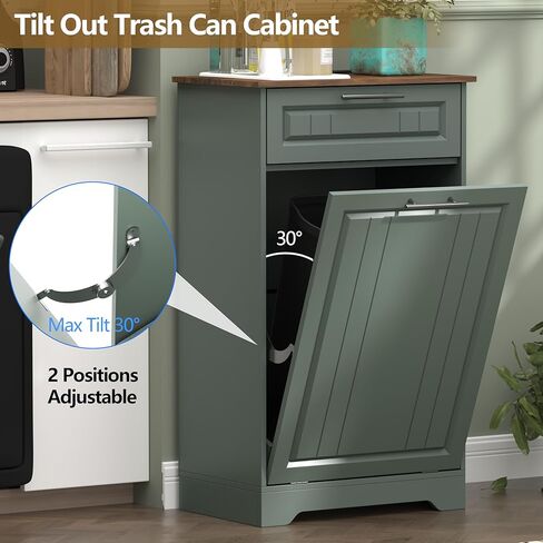 Single 10 Gallon Tilt Out Trash Can Cabinet with Deodorizing Function, Wooden Hidden Garbage Can Holder with Storage Drawers for Kitchen and Dining Room, Laundry Hamper Cabinet for Bathroom, Green in Kuwait