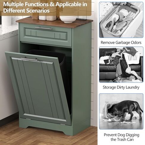 Single 10 Gallon Tilt Out Trash Can Cabinet with Deodorizing Function, Wooden Hidden Garbage Can Holder with Storage Drawers for Kitchen and Dining Room, Laundry Hamper Cabinet for Bathroom, Green in Kuwait