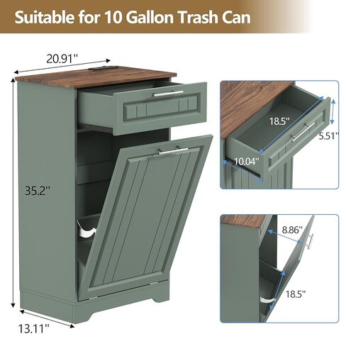 Single 10 Gallon Tilt Out Trash Can Cabinet with Deodorizing Function, Wooden Hidden Garbage Can Holder with Storage Drawers for Kitchen and Dining Room, Laundry Hamper Cabinet for Bathroom, Green in Kuwait