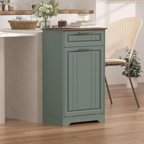 Single 10 Gallon Tilt Out Trash Can Cabinet with Deodorizing Function, Wooden Hidden Garbage Can Holder with Storage Drawers for Kitchen and Dining Room, Laundry Hamper Cabinet for Bathroom, Green in Kuwait