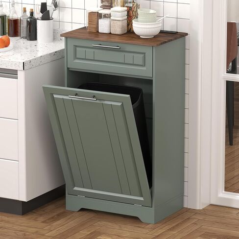 Single 10 Gallon Tilt Out Trash Can Cabinet with Deodorizing Function, Wooden Hidden Garbage Can Holder with Storage Drawers for Kitchen and Dining Room, Laundry Hamper Cabinet for Bathroom, Green in Kuwait