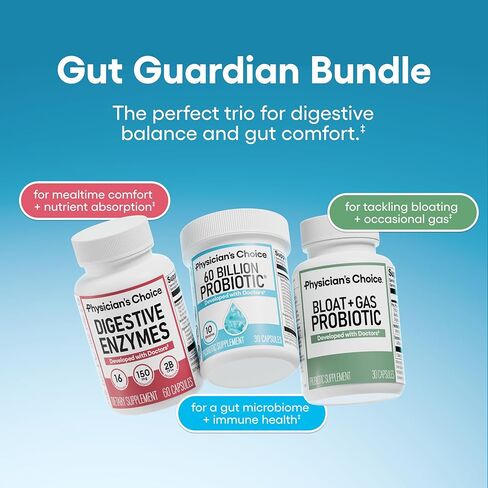 حزمة Physician's Choice Gut Guardian: دعم متقدم للانتفاخ والهضم مع 60 مليار بروبيوتيك وإنزيمات هضمية وانتفاخ + بروبيوتيك غاز - دعم يومي لصحة الأمعاء للنساء والرجال in Kuwait