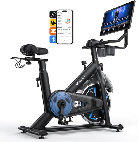 Merach Exercise Bike with 21.5" HD Screen, Auto-Resistance Stationary Bike for Home Gym Fitness, Smart Indoor Workout Bike 330 Lbs Weight Capacity & Self-Developed App in Kuwait