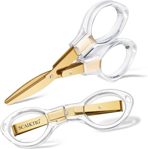 3.8" Folding Travel Scissors Set (2 Pcs) Safety Small Mini Foldable Scissors All Purpos, Clear Acrylic Comfort-Grip Handles, Gold Titanium Coated Blades for Craft, Sewing, Office Desk, Nurse in Kuwait