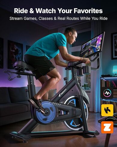 Merach Exercise Bike with 21.5" HD Screen, Auto-Resistance Stationary Bike for Home Gym Fitness, Smart Indoor Workout Bike 330 Lbs Weight Capacity & Self-Developed App in Kuwait