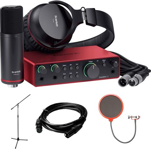 Focusrite AMS-SCARLETT-2I2-STU Scarlett 2i2 Studio 4th Gen Audio Interface Bundle with Mic, Headphones + XLR Male to XLR Female Cable + Universal Pop Filter Wind Screen + Microphone Stand with Boom in Kuwait
